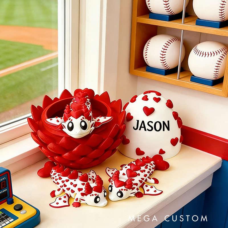 Personalized 3D Printed Baseball Heart Dragon and Egg Toy Set with Custom Name for Kids and Fans 