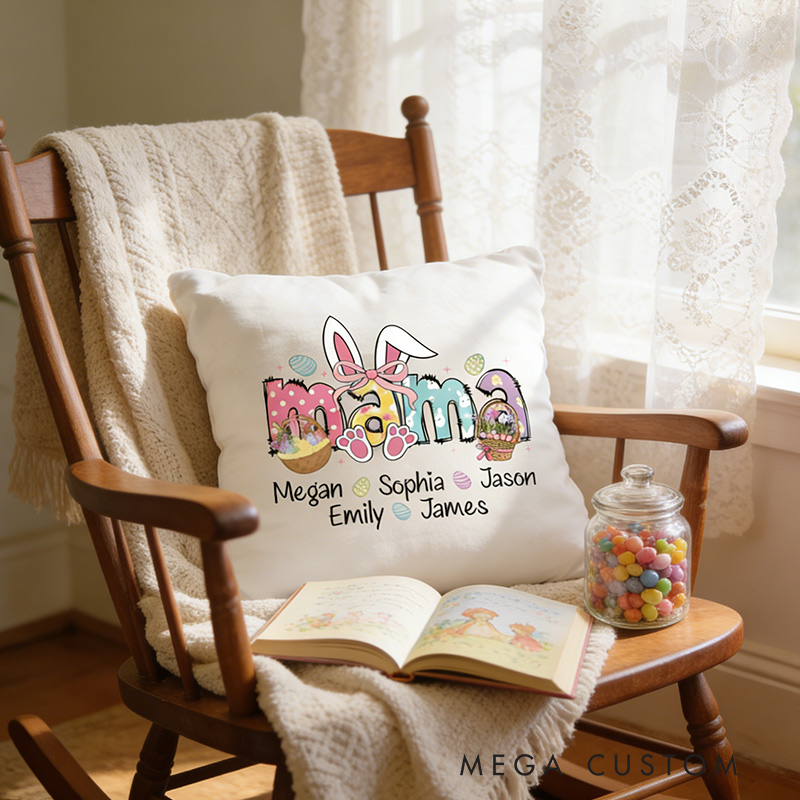 Personalized Mama Easter Pillow with Kids Names Custom Double Side Bunny Pillow Easter Gift for Mom Kids