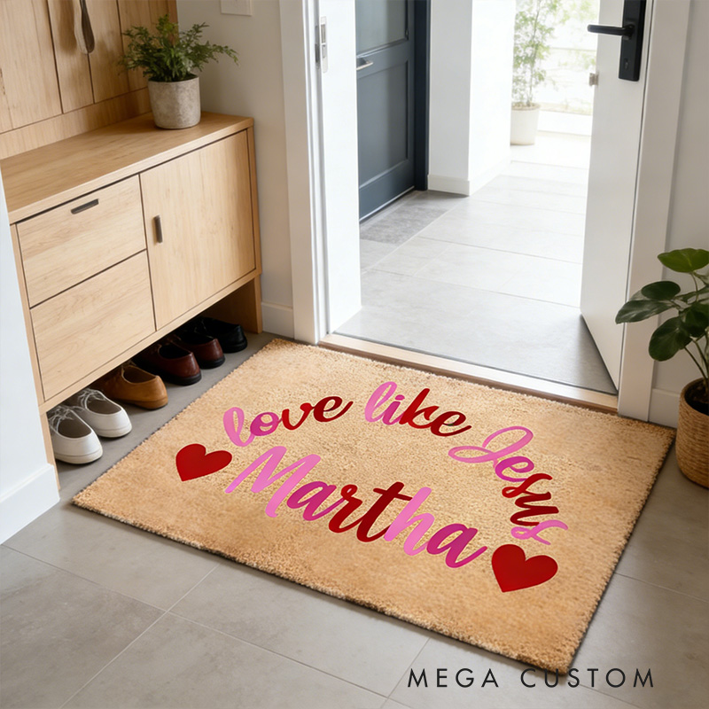 Personalized Love Like Jesus Valentines Doormat with Custom Name Non-Slip Valentines Day Decor Welcome Mat Religious Housewarming Gift Valentines Gift