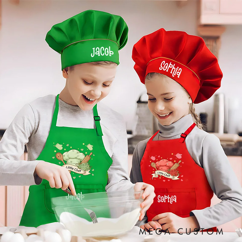Personalized Little Chef Adjustable Kid Apron Chef Hat Set with Name and Pocket Cooking Accessory Birthday Valentine's Day Gift for Boys Girls