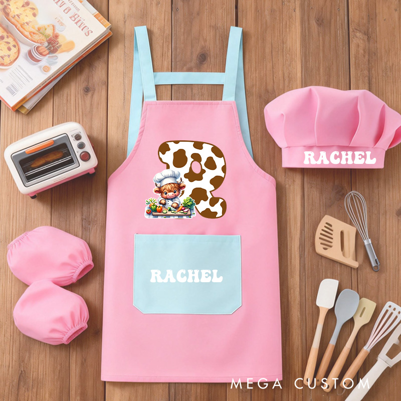 Personalized Highland Cow Kid Baking Apron with Name Initial Set of 3 Waterproof Apron with Hat Sleeve Birthday Gift for Kids