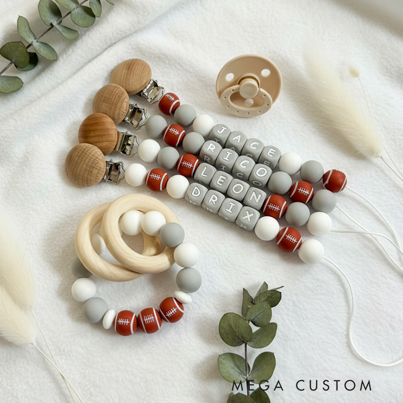 Personalized Football Pacifier Clip Add Newborn Baby Boy or Girl Name Custom Baby Shower New Football Mom Gift