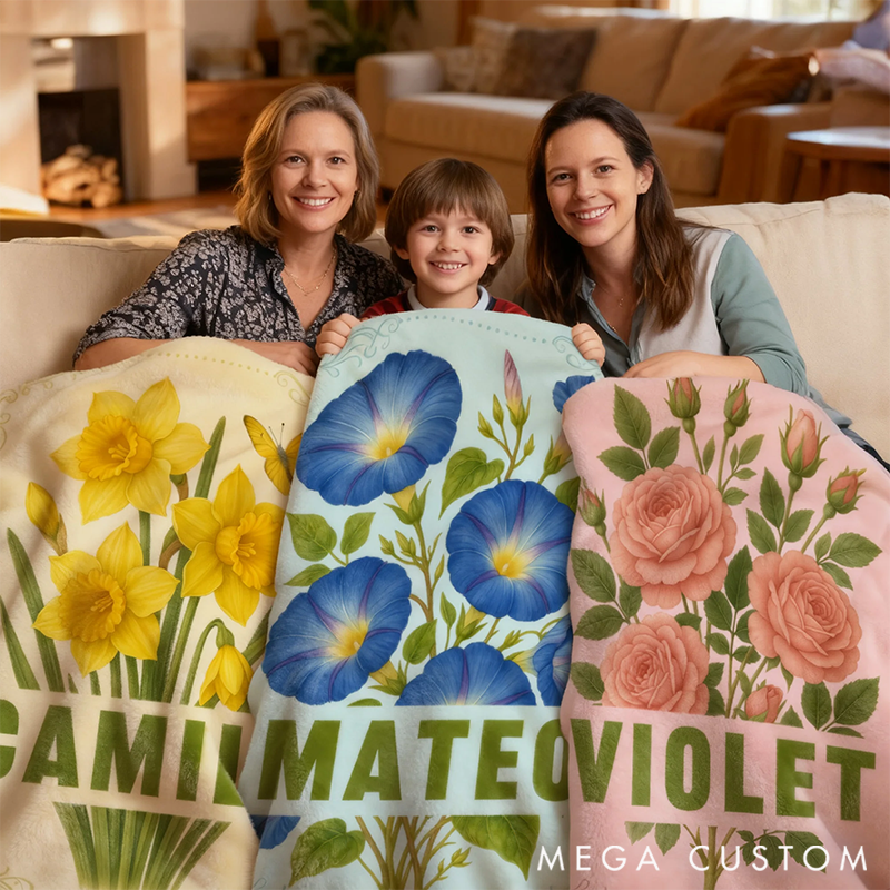 Personalized Multicolor Birth Flower Throw Blanket with Name Birthday Gift for Gardening Lover