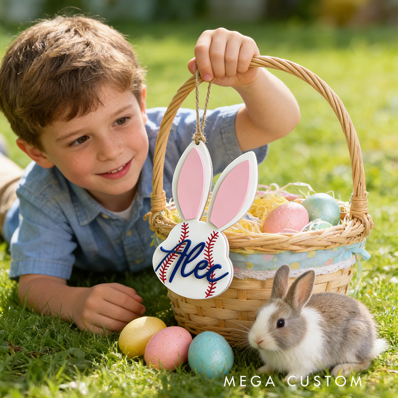 Personalized Baseball Easter Basket Tag Custom Name Bunny Label Gift for Kids on Easter Day