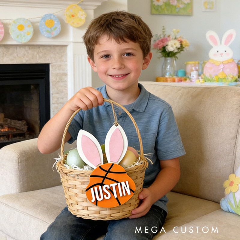 Personalized Basketball Easter Basket Tag Custom Name Bunny Label Gift for Kids on Easter Day