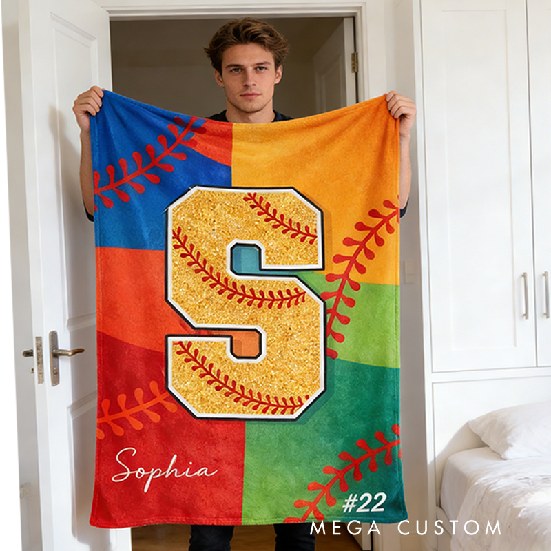 Personalized Glitter Softball Blanket with Name and Number for Baseball Girls