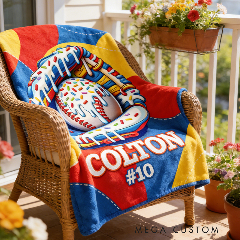 Personalized Baseball Blanket with Fun Ice Cream Drip Design for Baseball Enthusiasts