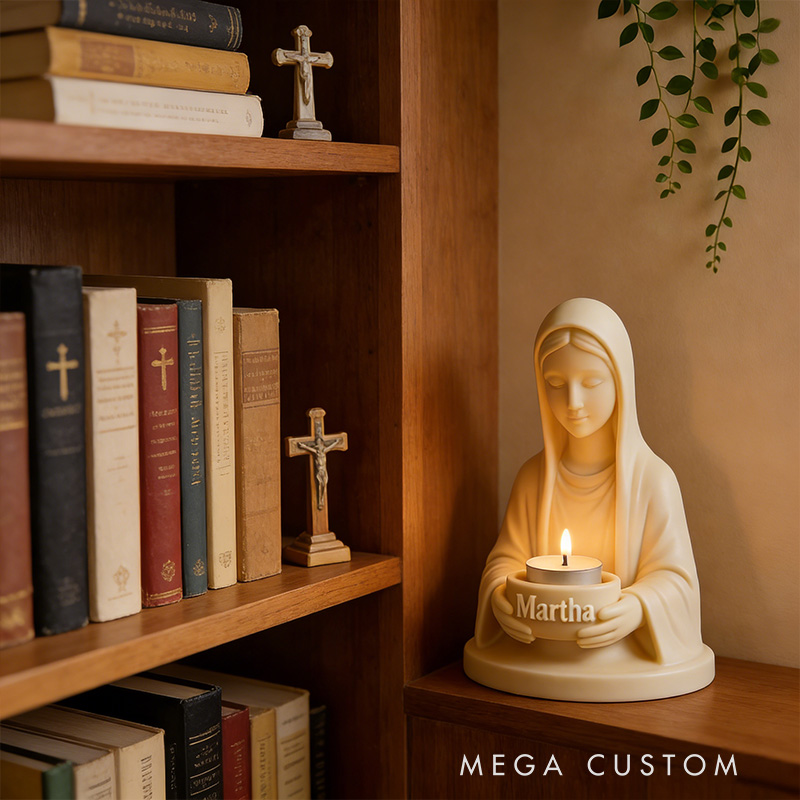 Personalized 3D Printable Virgin Mary Tealight Candle Holder with Custom Name Lady Guadalupe Stand Catholic Home Decor Prayer Space Spiritual Gift