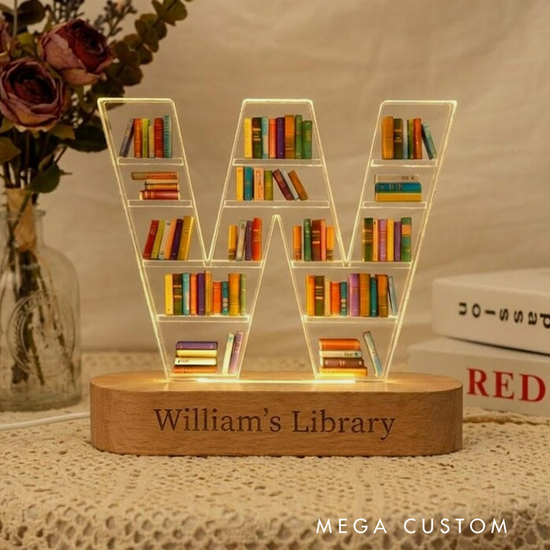 Personalized Initial Book Shelf LED Light Letter Bookcase Night Light with Name Library LED Lamp for Book Lover Bookworm Librarian Gift
