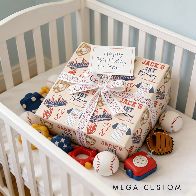 Personalized 1st Birthday Gift Wrap Custom Name Baseball Theme Wrapping Paper with Matching Ribbon Rookie of the Year First Birthday Gift Wrap 3 Sizes