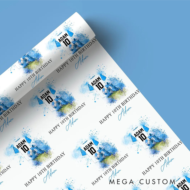 Personalized Soccer Gift Wrap Custom Name Message and Jersey Number Wrapping Paper with Matching Ribbon 3 Sizes 2 Finish