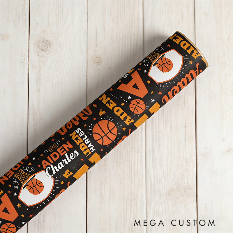 Personalized Basketball Gift Wrap Custom Name Wrapping Paper with Matching Ribbon 3 Sizes and 2 Finish for Sports Lovers