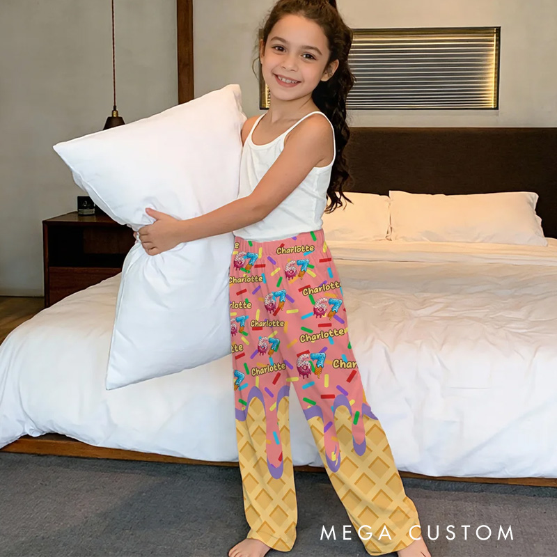 Personalized Ice-Cream Pajama Pants 67 Name Multicolor Kid Woman Man with Drawstring Daily Wear Birthday Gift for Family Friend