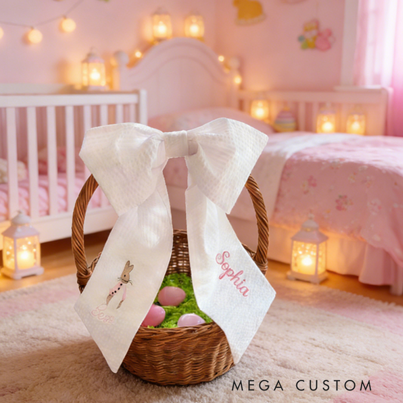 Personalized Easter Basket Bow Custom Name Fabric Decoration for Kids' Holiday Baskets Perfect Easter, strollers, baby carriers, baby showers, wedding, gifts and more