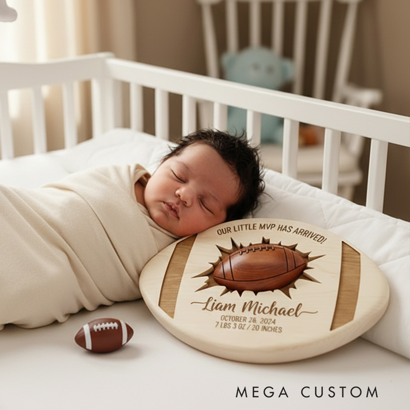 Personalized Football Themed Wooden Birth Announcement Sign Custom Engraved or DIY Fillable Keepsake for Newborns