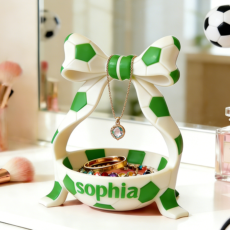 Personalized Soccer Jewelry Holder with Custom Name and Bow Design for Soccer Fans Girls 