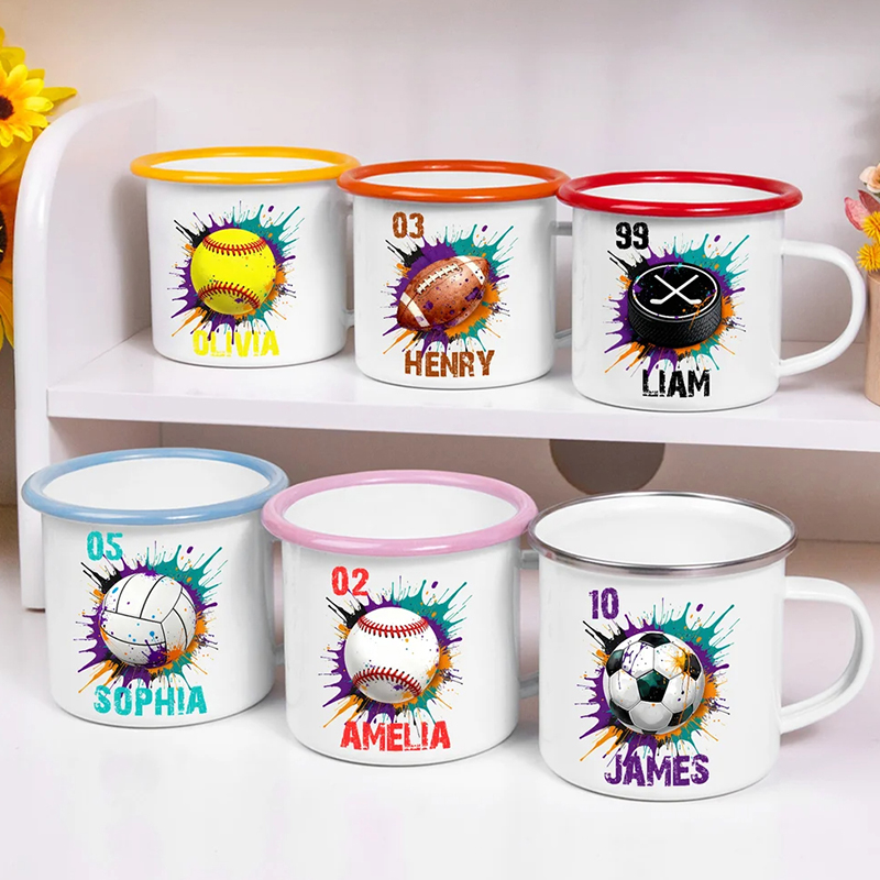 Personalized Splash-Effect Sports Enamel Cup with Name and Vibrant Design for Sport Enthusiasts