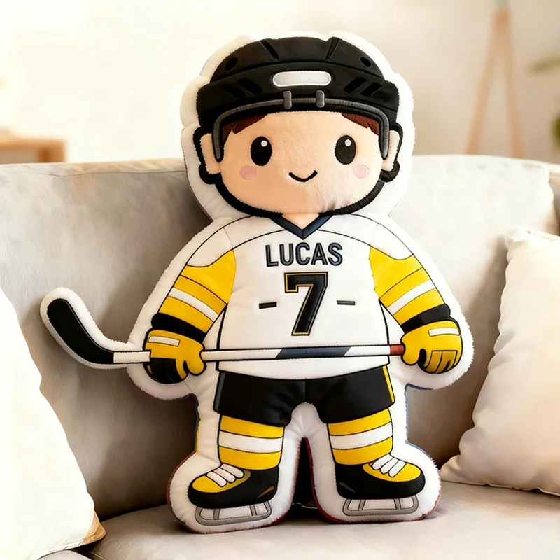Personalized Cute Ice Hockey Themed Pillow with Custom Name and Jersey Number for Kids and Fans 