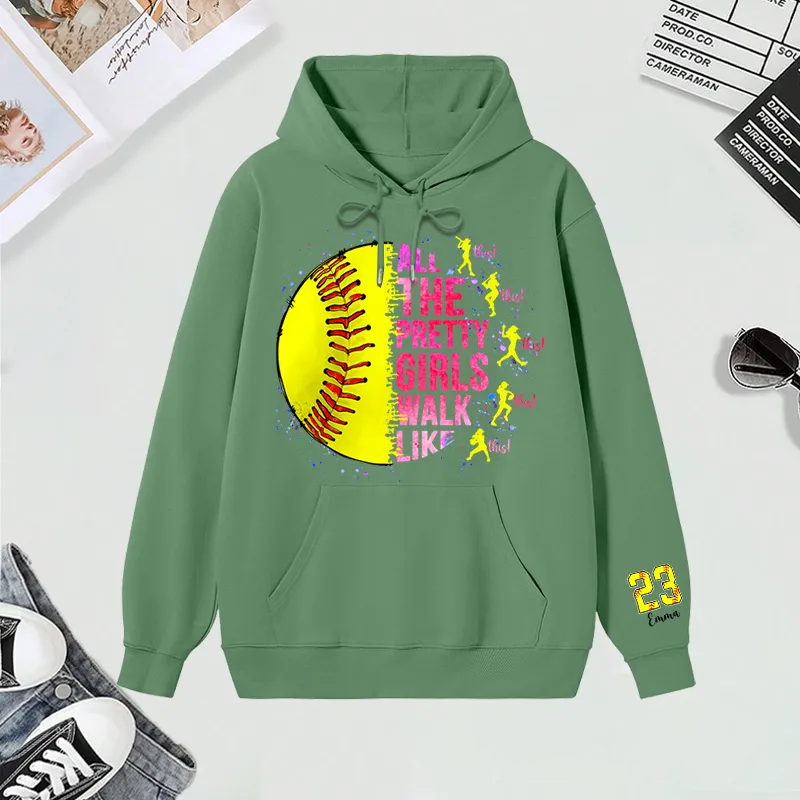 Personalized "All the Pretty Girls Walk Like This" Softball Hoodies with Custom Details