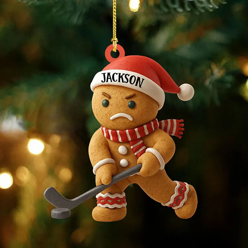 Personalized Acrylic Gingerbread Hockey Christmas Ornament with Custom Name  