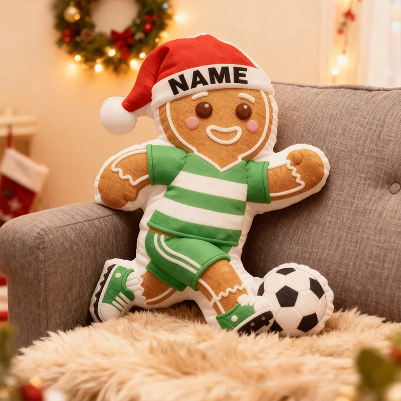 Personalized Gingerbread Soccer Player Pillow with Custom Name and Festive Design