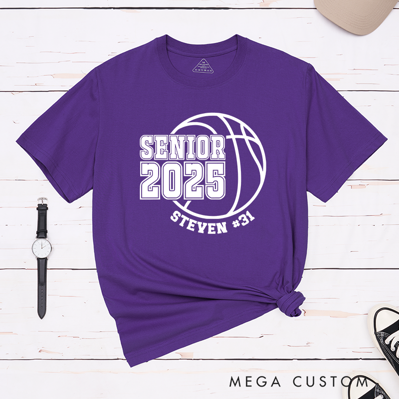 Personalized Senior 2025 Basketball T-Shirt with Custom Name and Jersey Number Featuring a Classic Basketball Graphic for a Trendy School Spirit Look