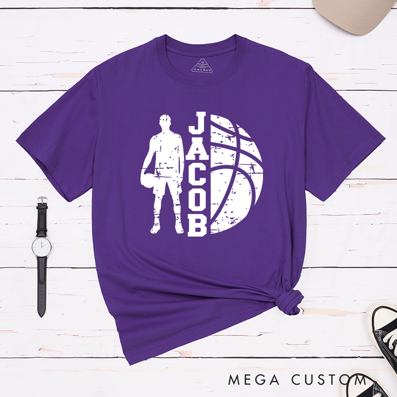 Personalized Basketball T-Shirt Design Featuring Player Silhouette Bold Basketball Graphic and Custom Name for Sports Fans