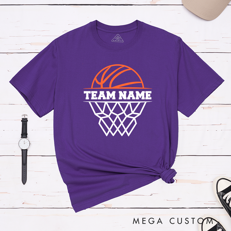 Personalized Basketball Team T-Shirt Design Featuring Custom Team Name Bold Text Dynamic Orange Basketball Graphic and Stylized Hoop Illustration