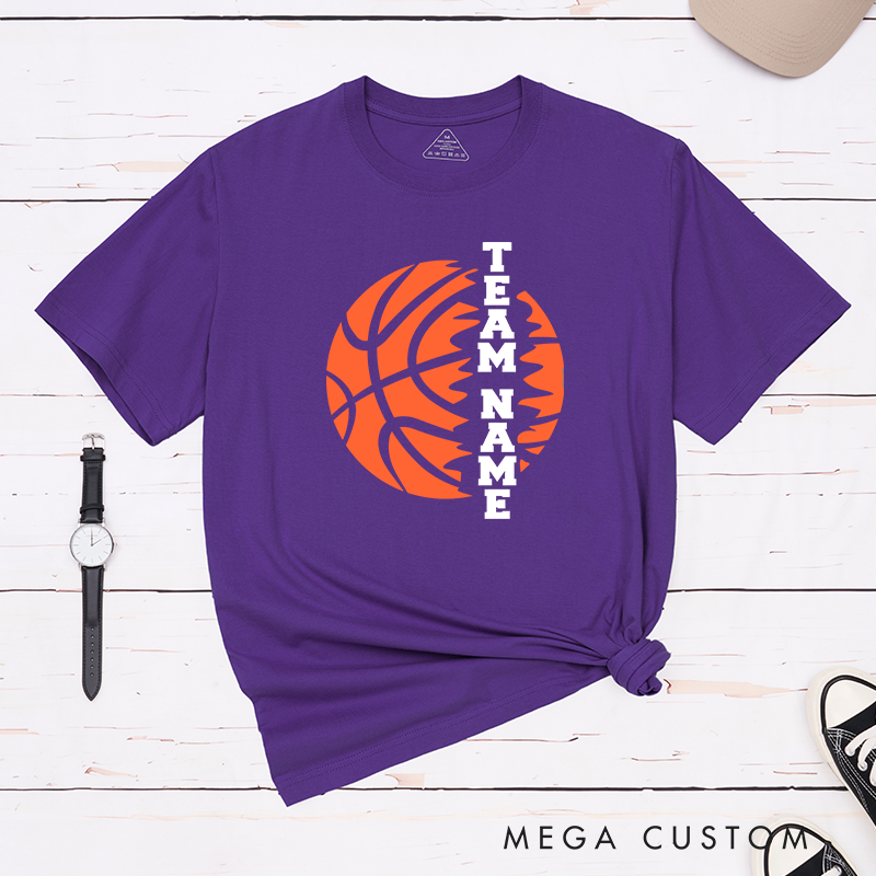 Personalized Basketball Team T-Shirt Design Featuring Custom Team Name Vertical Bold Text Flaming Orange Basketball Graphic
