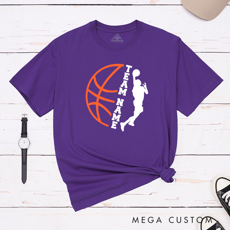 Personalized Basketball Team T-Shirt Design Featuring Custom Team Name Player Silhouette Bold Orange Basketball Graphic