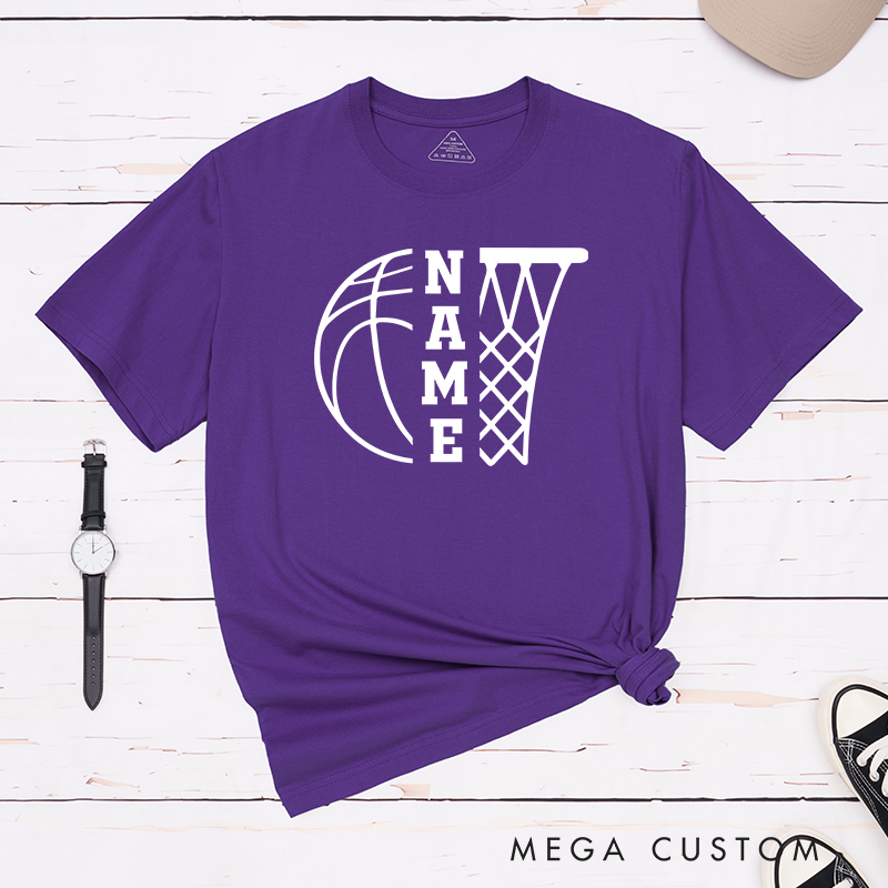 Personalized Basketball T-Shirt Design Featuring Basketball and Hoop Graphic with Vertical Customizable Name