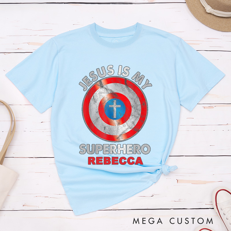 Personalized Jesus is My Superhero Cotton T-Shirt with Name Christian Unisex Classic T-Shirt Pastor Appreciation Gift Religious Gift for Jesus Lover