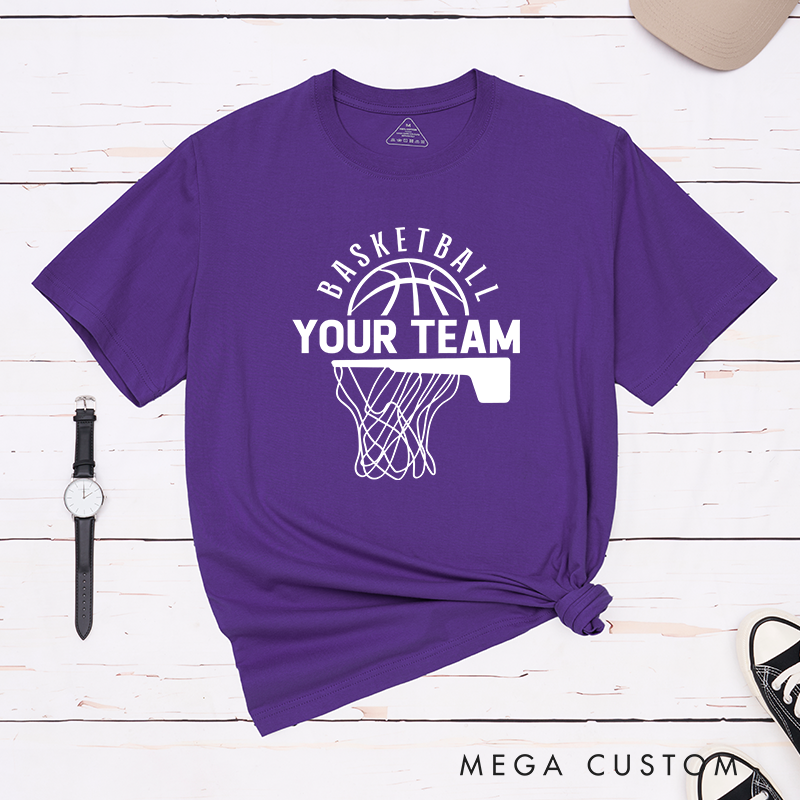 Personalized Basketball T-Shirt Design Showcasing Custom Team Name Bold Basketball Graphic Dynamic Hoop and Net Illustration and Stylish Arched Text Layout