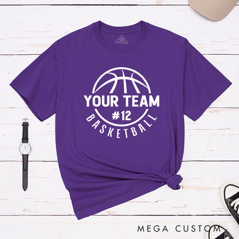 Personalized Basketball T-Shirt Design Featuring Custom Team Name Circular Basketball Graphic Player Number and Stylish Arched Text