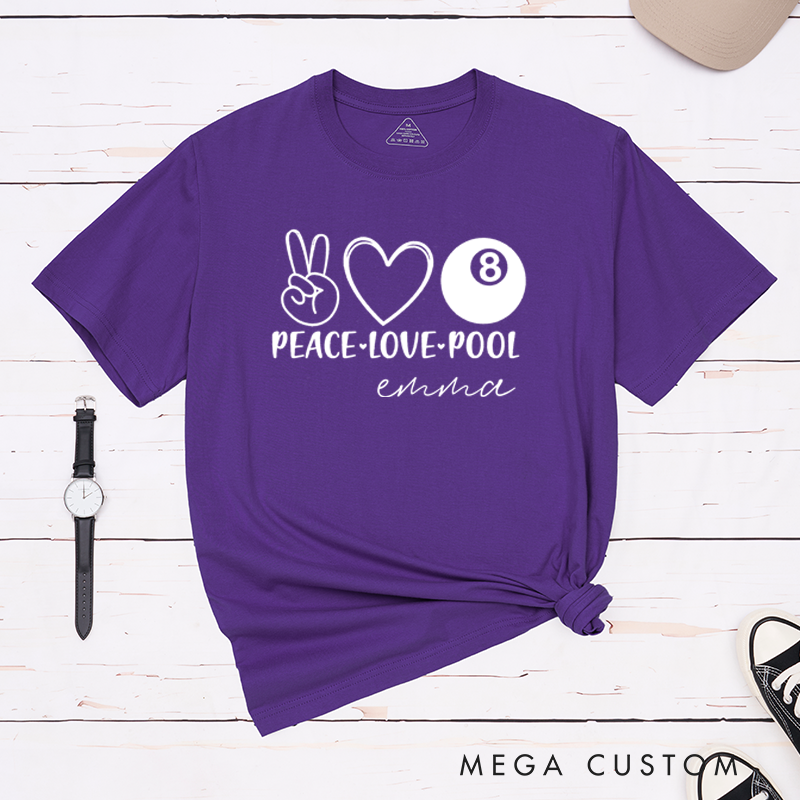 Personalized Peace Love Pool T-Shirts with Custom Your Name on the back - 8-ball Pool Team Shirt