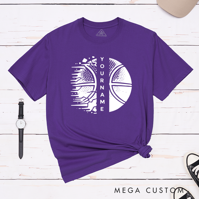 Personalized Basketball T-Shirt Design Featuring Custom Name Split Basketball Graphic with Dynamic Halftone and Shattered Effects