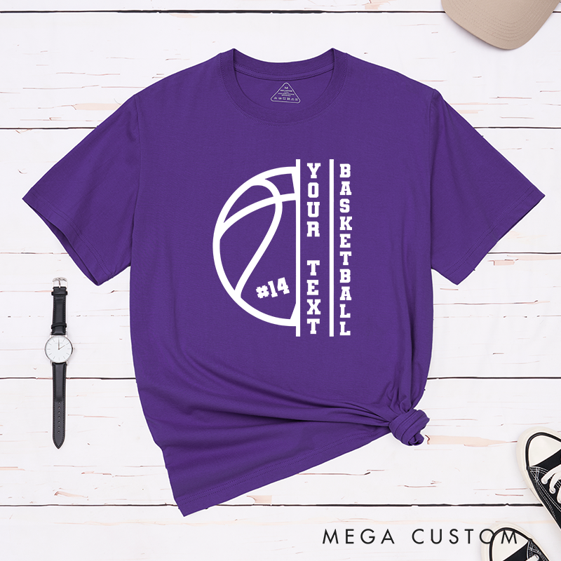 Personalized Basketball T-Shirt Design Featuring Custom Text Player Number and Bold Vertical Layout with Basketball Graphic