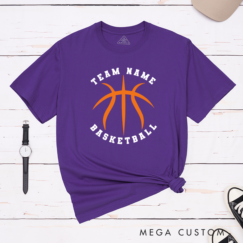 Personalized Basketball Team T-Shirt Design Featuring Custom Team Name Bold Orange Basketball Graphic and Arched Text Layout