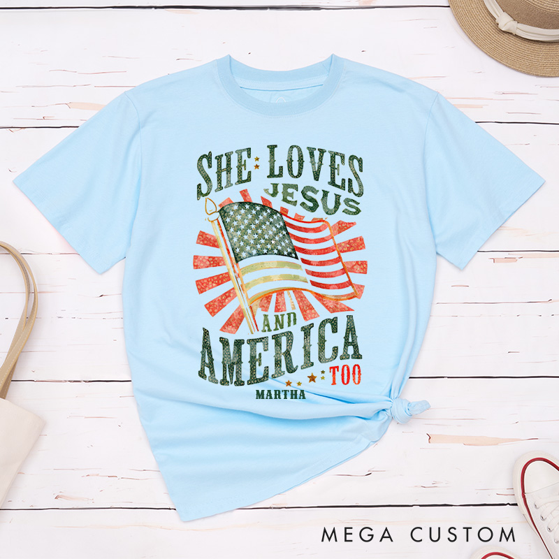 Personalized She Loves Jesus and America Too Cotton T-Shirt with Name Christian Classic T-Shirt Jesus Aesthetic Shirt Patriotic Tee Christian Gift