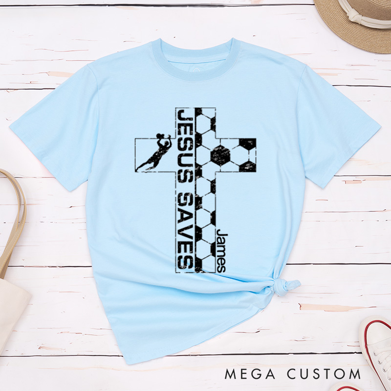 Personalized Jesus Saves Christian Cross Soccer Goalie Goalkeeper Classic T-Shirt Vintage Distressed Style Easter Birthday Gift for Men