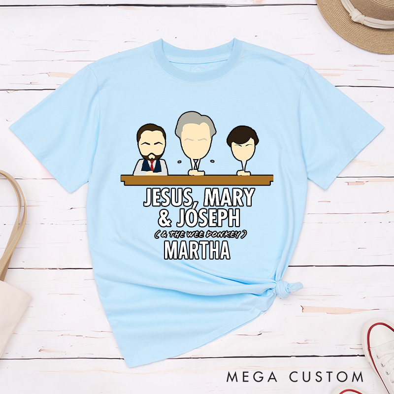 Personalized Jesus Mary Joseph & the Wee Donkey Cotton T-Shirt with Name Christian Classic T-Shirt Jesus Shirt Funny Christian Gift for Jesus Lover