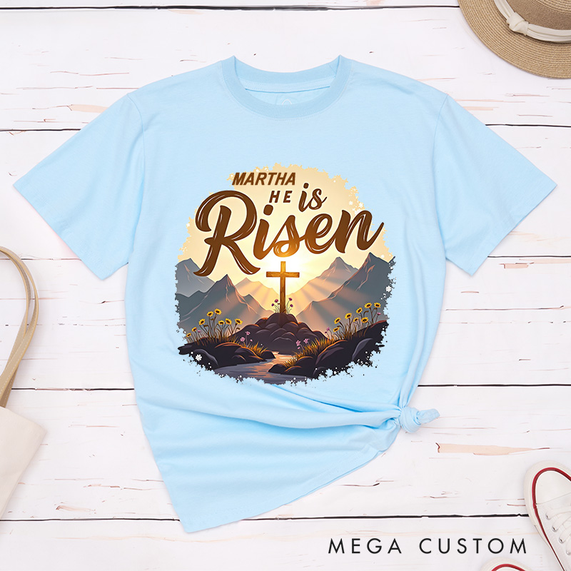 Personalized He is Risen Glory Classic T-Shirt with Name Radiant Resurrection Cross in Mountain Christian Cotton T-Shirt Christian Gift Easter Gift 