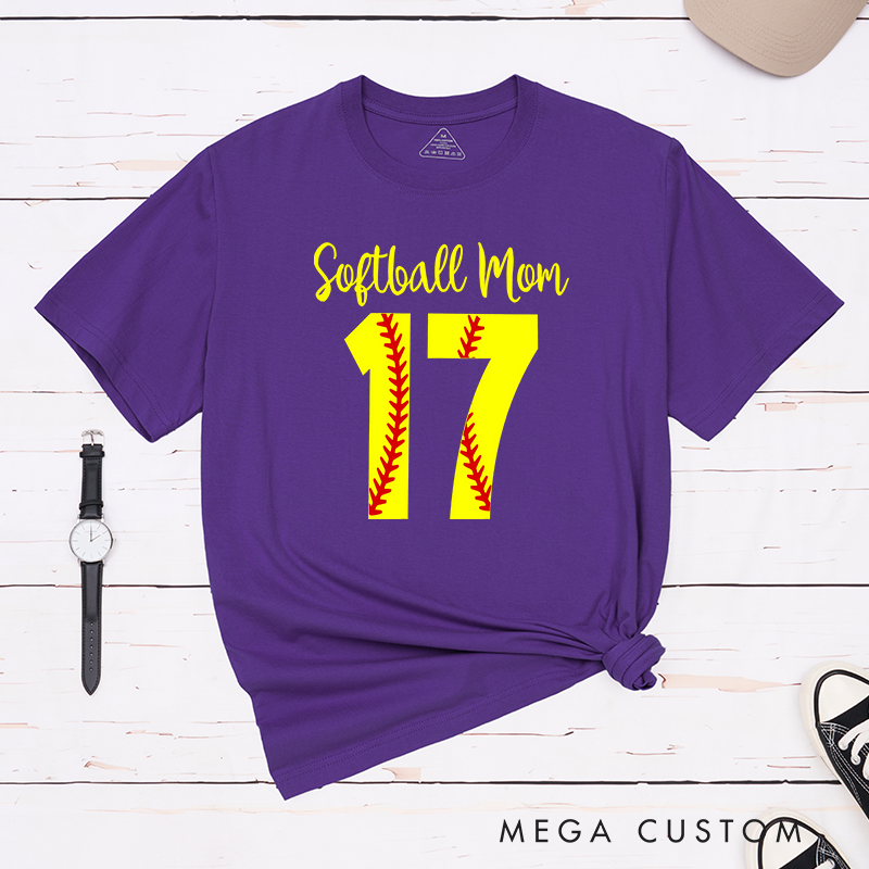 Personalized Softball Mom T-Shirt Design Featuring Customizable Player Number with Red Stitch Softball Pattern and Stylish Yellow Script Text