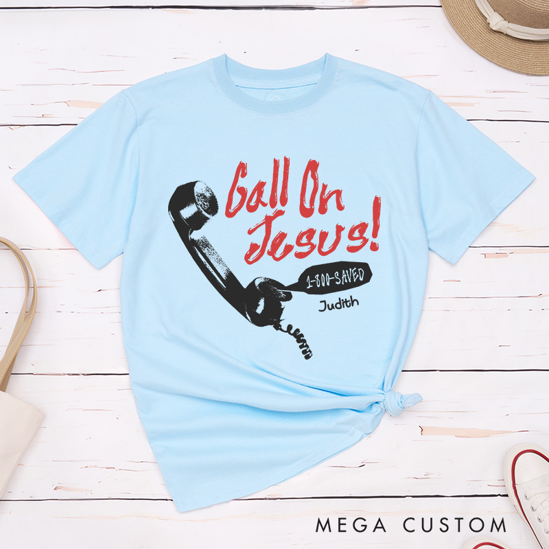 Personalized Call on Jesus Classic T-Shirt with Name Christian Cotton T-Shirt Retro Telephone Shirt Jesus Tee Religious Christian Gift for Jesus Lover