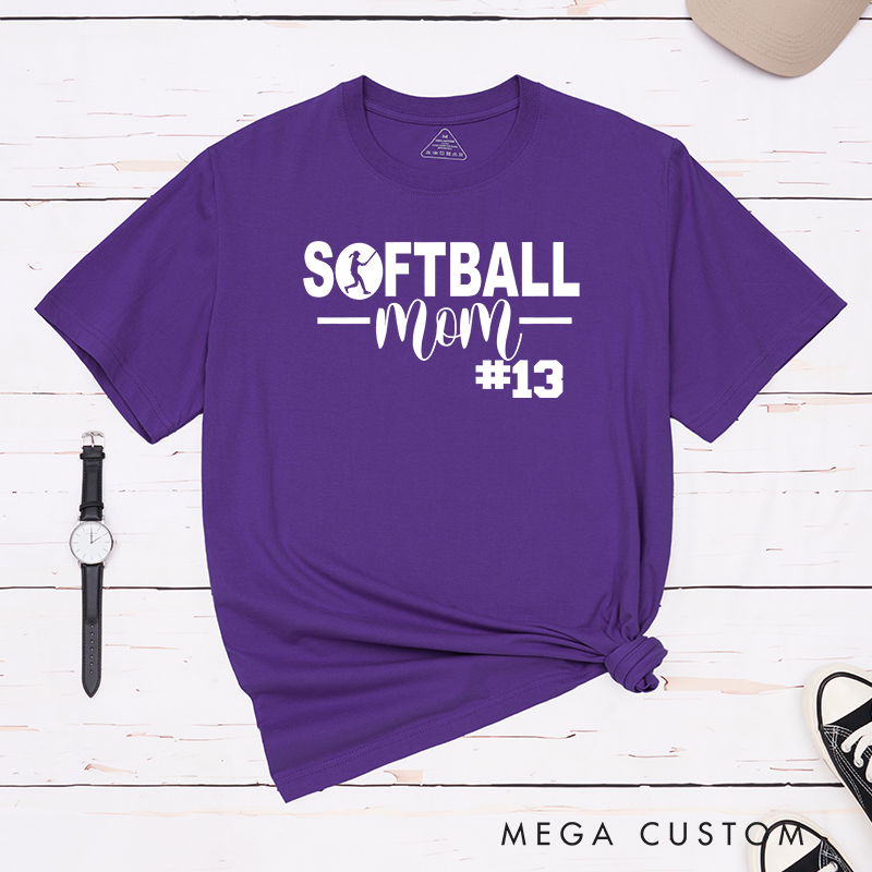 Personalized Softball Mom T-Shirt Design Featuring Bold Text Player Number and a Stylish Softball Silhouette Graphic