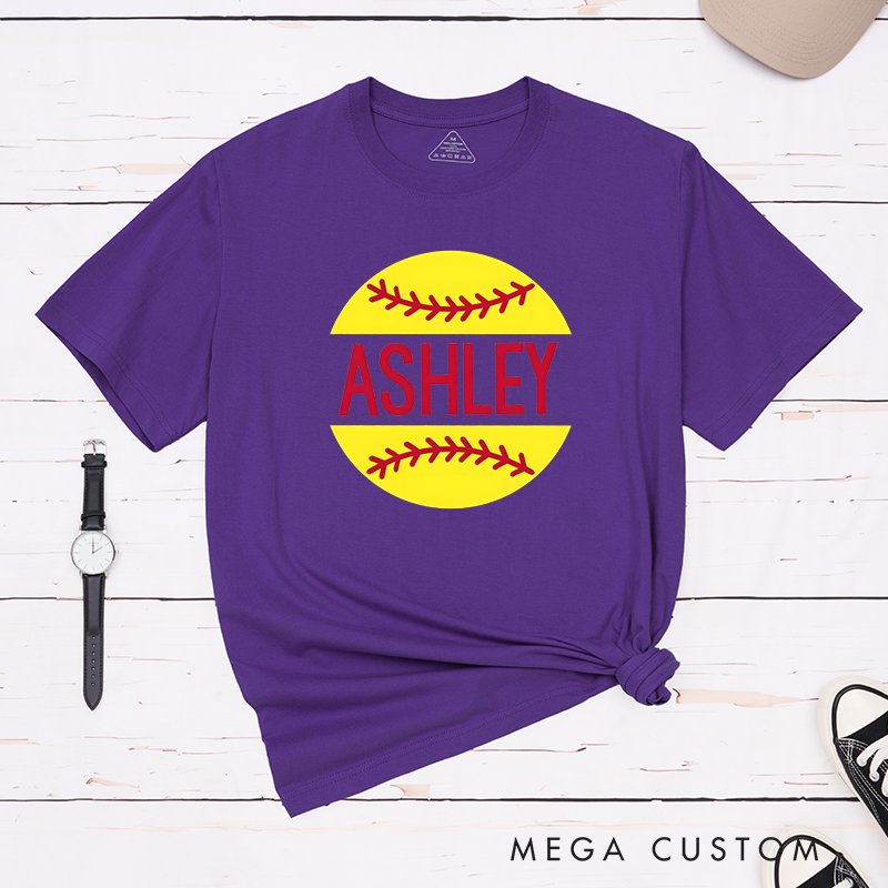Personalized Softball T-Shirt Design Featuring Custom Name Bold Text and Bright Softball Graphic