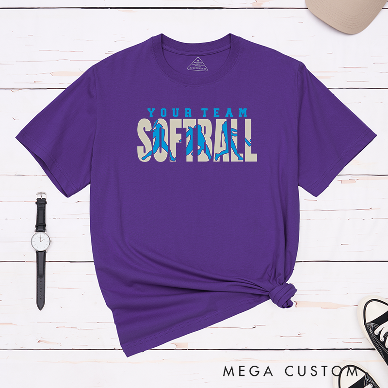 Personalized Softball Team T-Shirt Design Featuring Bold Text Custom Team Name and Dynamic Player Silhouette Graphics