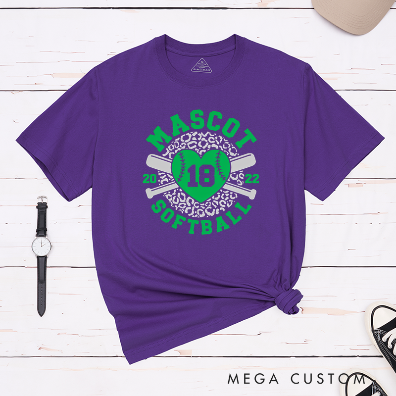 Personalized Softball Team T-Shirt Design Featuring Customizable Team Name Leopard Print Heart-Shaped Softball Graphic Crossed Bats and Player Number