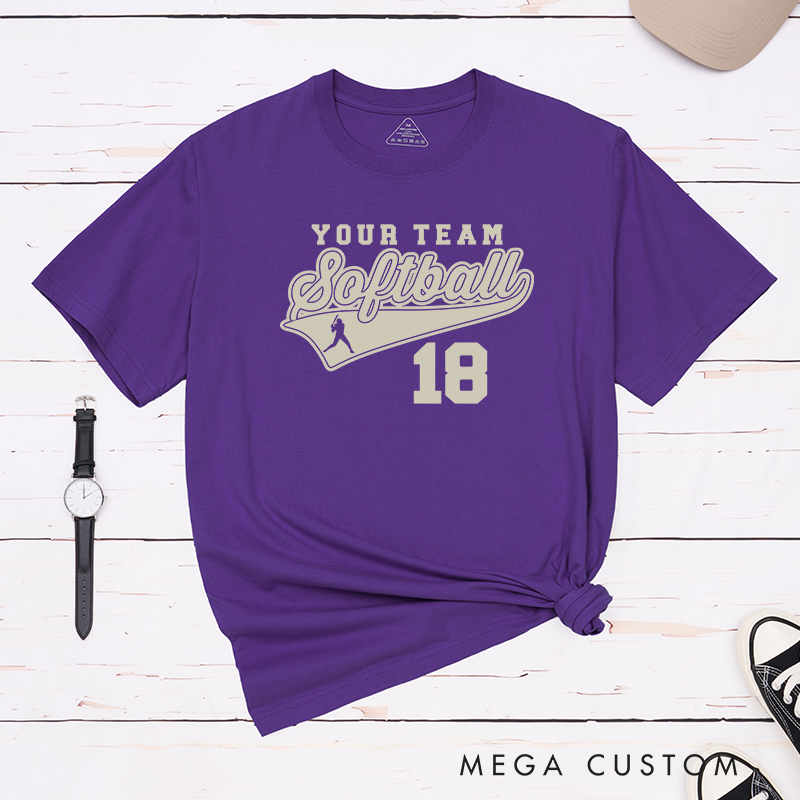 Personalized Softball Team T-Shirt Design Featuring Customizable Team Name Bold Script Softball Text Dynamic Swoosh Element Player Silhouette and Custom Number