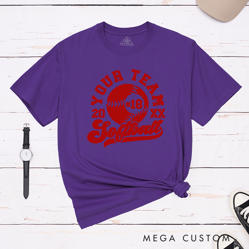 Personalized Softball Team T-Shirt Design Featuring Customizable Team Name Bold Softball Graphic Player Number and Year